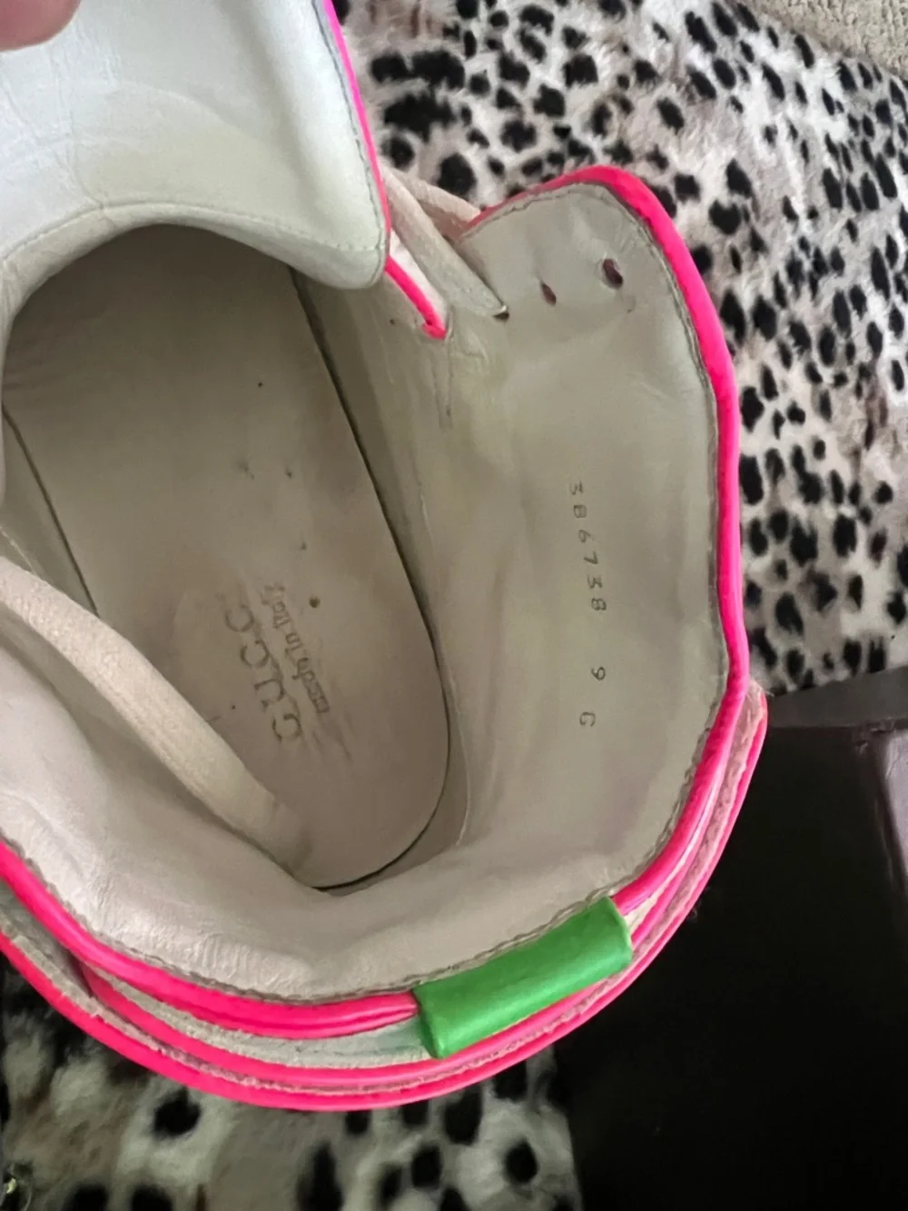 Gucci White Leather Sneakers with Neon Pink & Neon Green Accents - Picture 5 of 7